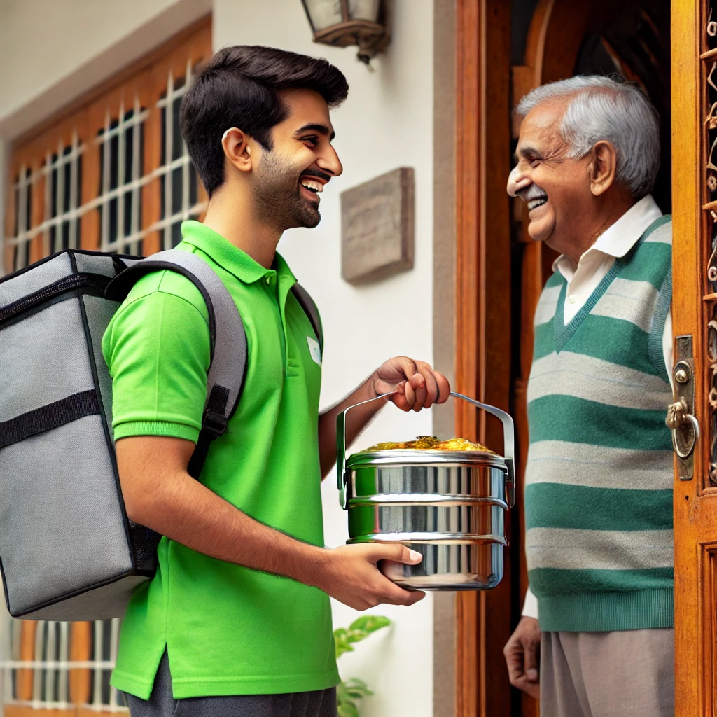 Delivery partner handing over tiffin to customer