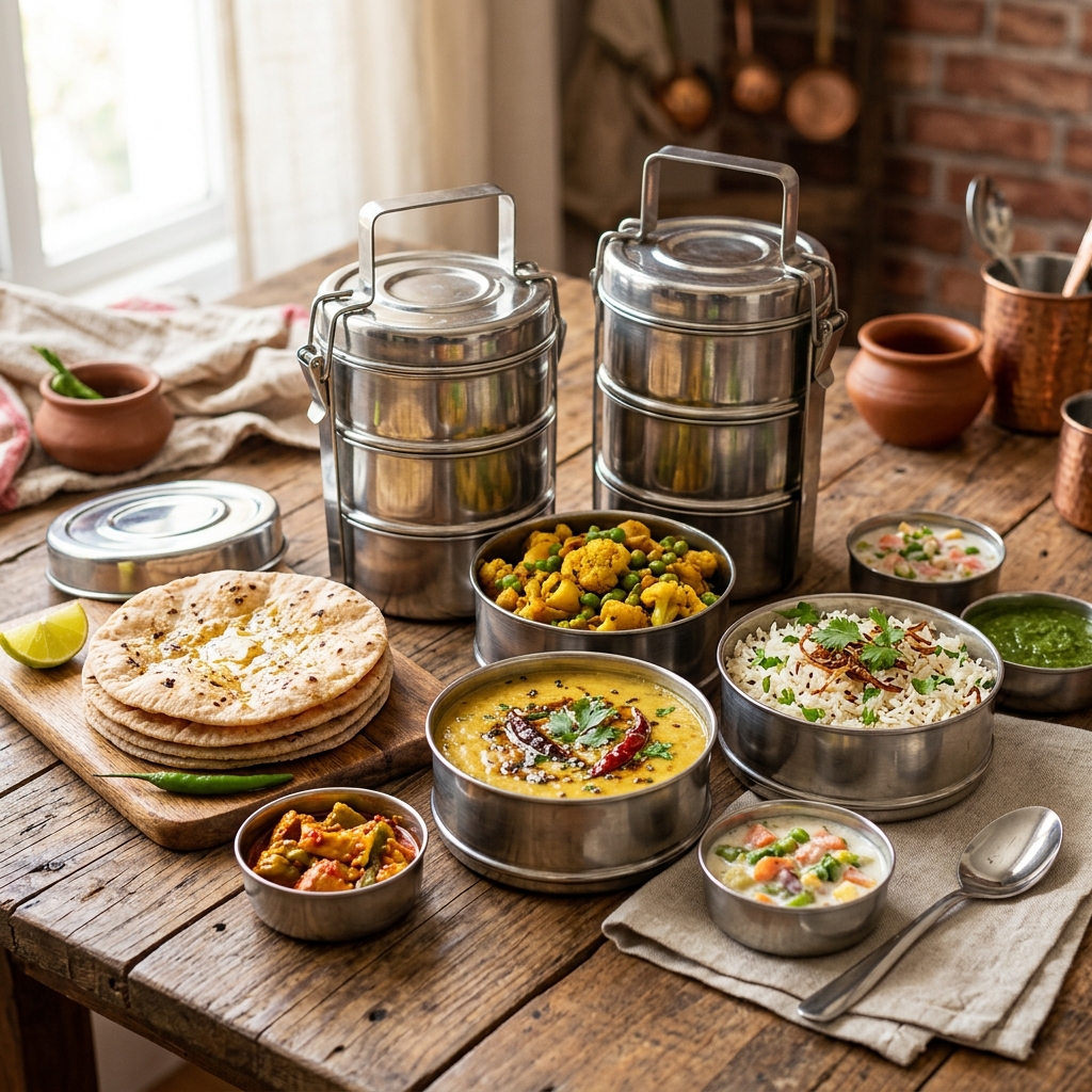 Stacked steel tiffin setup